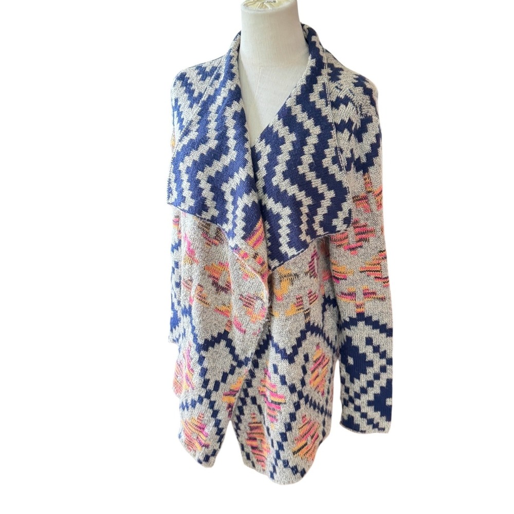 Southwestern Aztec Print Drape Front Cardigan Sweater Gray Navy Pink Boho